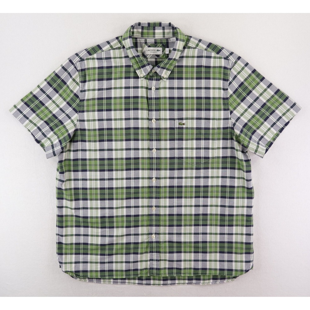 Lacoste Oxford Check Button Down Shirt Mens XL Green Plaid Short Sleeve Regular